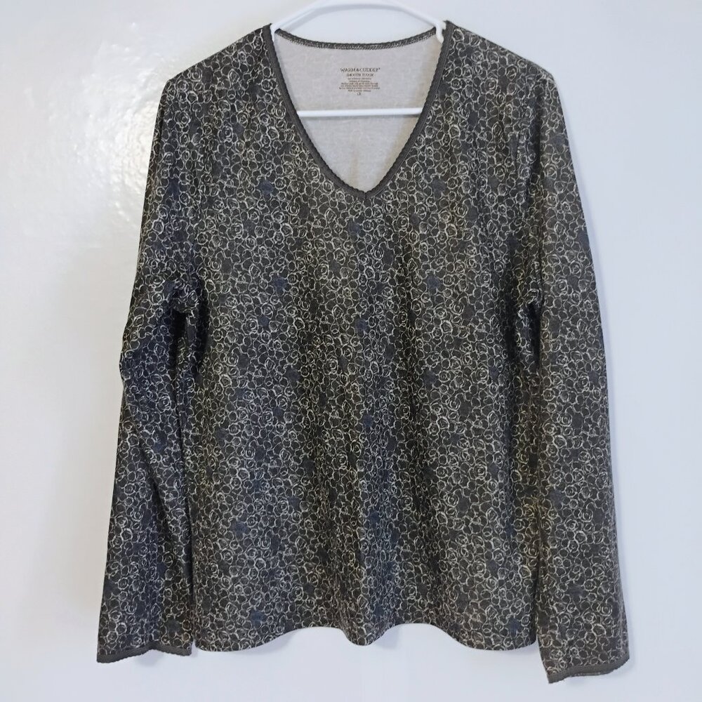 Warm & Cuddly Floral V-Neck Long Sleeve Top Gray White Size 1X
